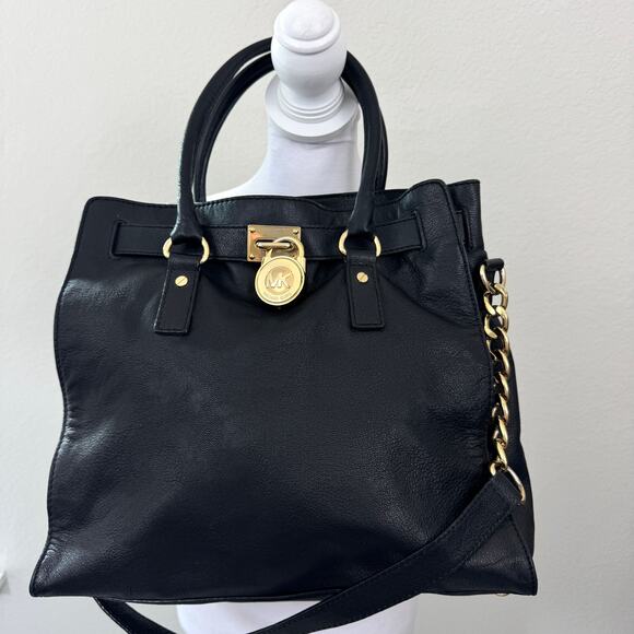Michael Kors Womens Hamilton Satchel Handbag Leather Goldtone Lock Classic Black - Picture 2 of 13